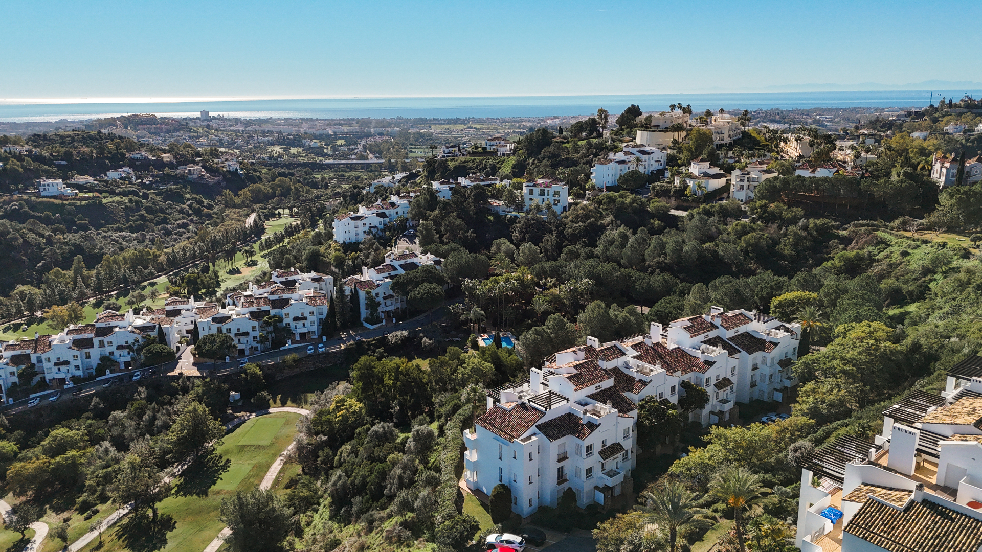Serene aerial view of a residential coastline with villas set into a green hillside above the sea